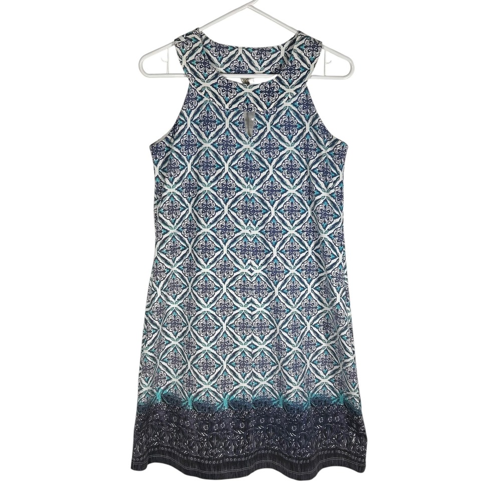 Aventura Womens Blue White Geometric Tile Print Halter Shift Dress Small